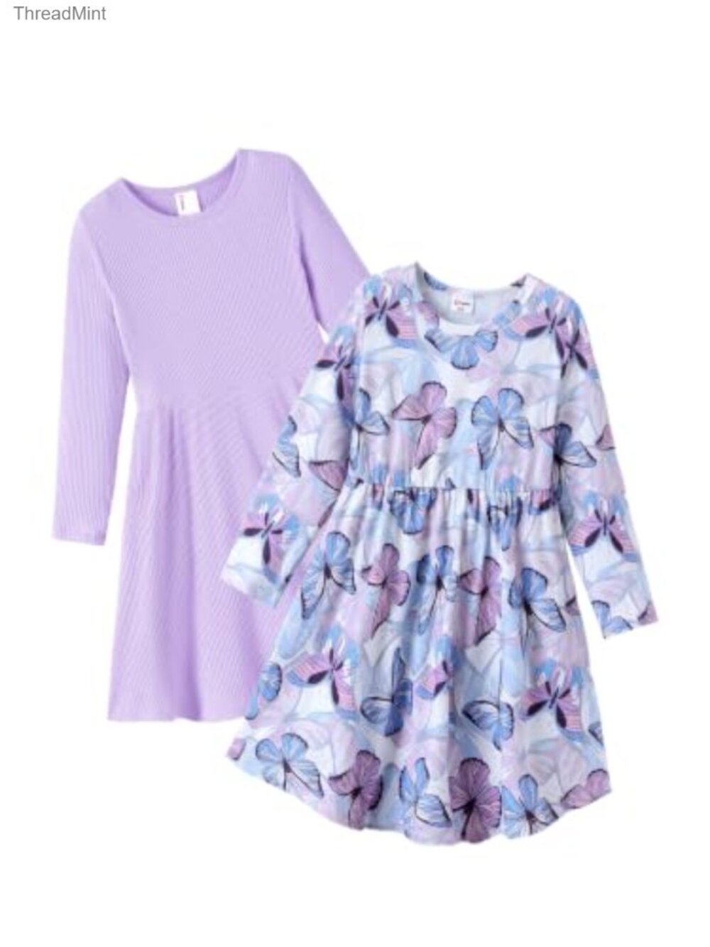 Girls Long Sleeve Ribbed Cotton & Woven Printed Dresses 2-Pack with Pockets